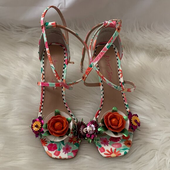 BETSEY JOHNSON Malorie Floral Strappy Sandal Heels Sz 8 - Picture 1 of 7